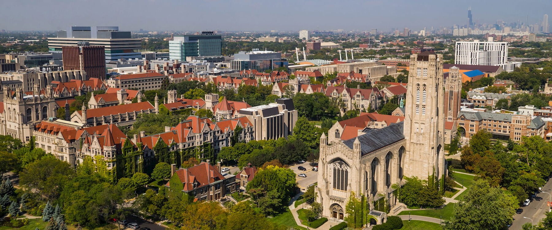 Aerial view of the University of Chicago campus and Hyde Park